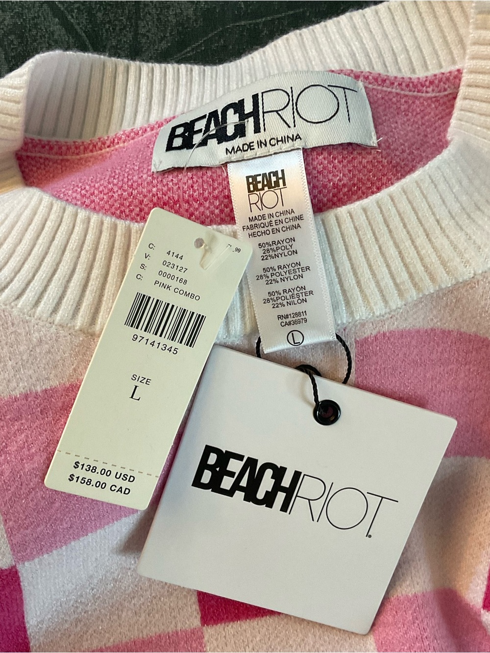 Anthropologie Beach Riot Callie Sweater Peony Petal Checker Pink Check Large NWT - Picture 13 of 14
